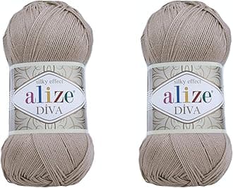 Diva Microfiber Acrylic Yarn - Silk Effect Thread for Crochet & Lace Craft - Beige (167), 200gr, 767 yds, Lot of 2 Skeins