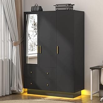 3 Door Wardrobe Closet with Mirror and LED Lights, Bedroom Armoire with Drawers Shelves, Modern Wooden Armoire Wardrobe Closet with Hanging Rod for Bedroom, Black