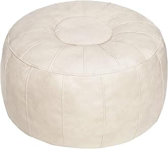 Thgonwid Unstuffed Handmade Moroccan Round Pouf Foot Stool Ottoman Seat Faux Leather Large Storage Bean Bag Floor Chair Foot Rest for Living Room, Bedroom or Wedding Gifts (Ivory White)