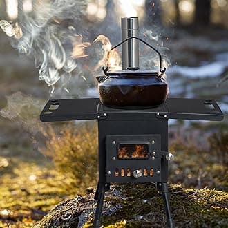 Camping Wood Burning Stove Portable Cast Iron Wood Stove with Stainless Chimney Pipes Foldable Tent Stove for Outdoor Cooking Heating with Wood Hook and Gloves, normal, black