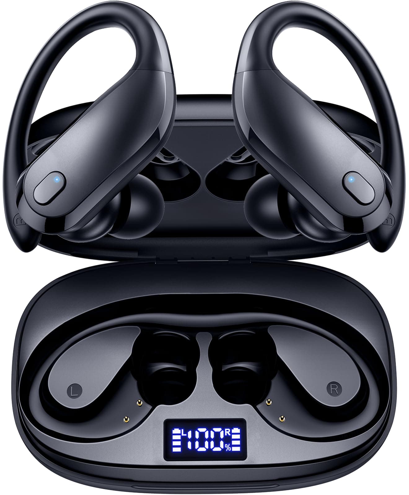 GNMN Wireless Earbuds Bluetooth Headphones, Over Ear Buds 90H Playback, IPX7 Waterproof Sports Earphones, Deep Bass with Wireless Charging Case Dual LED Power Display Earhooks for Running