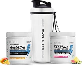 Wellcore Pure Micronised Creatine Powder with Shaker (33 Servings, Tropical Tango + Fruit Fusion) For Enhanced Muscle Strength With Rapid Absorption | Creatine Monohydrate | Wellcore Creatine Flavoured - 122g (Pack Of 2)