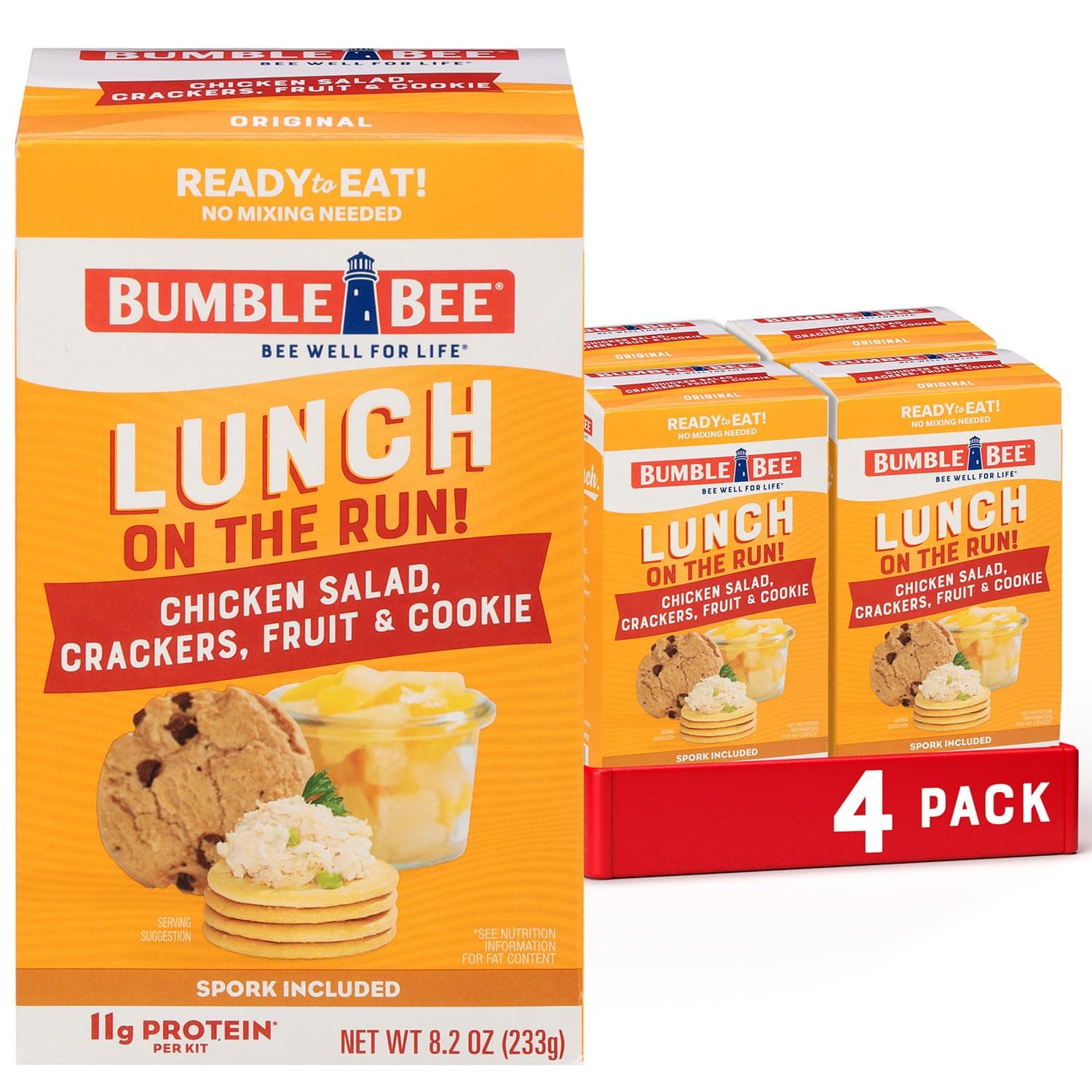 Lunch On The Run Chicken Salad with Crackers Kit, 8.2 oz (Pack of 4) - Ready to Eat, Includes Crackers, Cookie & Mixed Fruit - Shelf Stable & Convenient Source of Protein, Easy Open Can