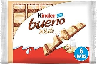Kinder Bueno White Chocolate Bars Multipack - Crispy Wafer with Creamy Hazelnut Filling & Cocoa Meringue - 3 Packs x 2 Bars (6 Bars Total)