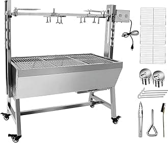 Portable BBQ Whole Pig, Lamb, Goat Charcoal Spit Rotisserie Roaster Grill, 25 Watt Motor, Stainless Steel, with Back Cover Guard,Without Baffle
