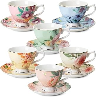 BTaT- Floral Tea Cups and Saucers Set of 6 (8 oz), Porcelain Tea Cups Set of 6, Pastel Flower Garden Design with Gold Trim, Dishwasher Safe