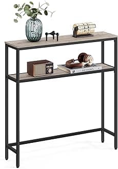 VASAGLE Console Table, 2-Tier Sofa Table, 7.9 x 31.5 x 31.5 Inches, Narrow Entryway Table, Modern Entry Table with 2 Shelves, for Living Room, Bedroom, Heather Greige and Ink Black ULNT130K02
