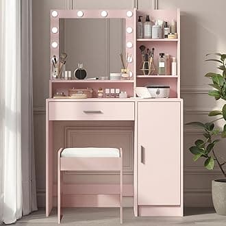 Vanity Desk with Mirror & Light, Large Drawer & Three Level Storage Dresser, 3 Lighting Modes Adjustable Brightness, Bedroom Dressing Table (Pink with Stool)