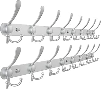 Dseap Coat Rack Wall Mount - 29.5” Long 8-Tri-Hooks Heavy Duty Coat Hanger Rail Wall Hooks for Hanging Coats Hats Clothing Clothes Purse Mudroom Entryway, Silver, Pack of 2