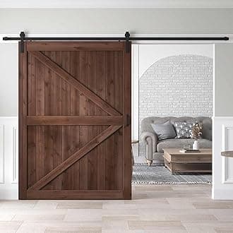 60x84 inch Sliding Barn Wood Door Slab with 10ft Hardware Kit and Handle, Coffee, K Shape, Simple DIY Assembly