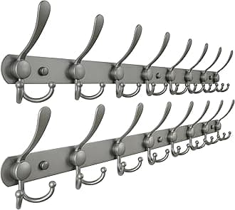 Dseap Coat Rack Wall Mount - 29.5” Long 8-Tri-Hooks Heavy Duty Coat Hanger Rail Wall Hooks for Hanging Coats Hats Clothing Clothes Purse Mudroom Entryway, Gray, Pack of 2