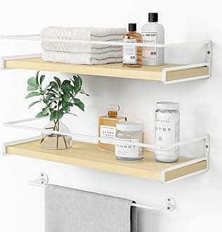 Forbena Floating Shelves for Wall with Rail, White and Natural Wood Nursery Book Shelves for Baby Girls Boys Kids Room Bedroom, Hanging Bookshelves Wall Mounted for Books, Toys, Bathroom (Set of 2)