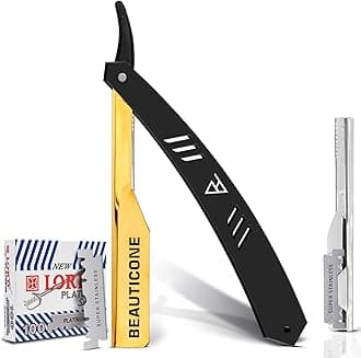 BEAUTICONE Straight Razors for Men, Straight Edge Razor, Single Edge Replacement Blades, Stainless Steel, Barber Razor for Men's Shaving, Barber Shaving Knife (Gold & Black)