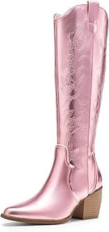 DREAM PAIRSWomens Cowboy Boots Comfortable Pull On Zipper Chunky Heel Pointed Toe Embroidered Western Cowgirl Knee High Boots Girls Ladies Retro Tall Boot