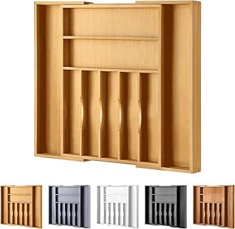 Large Premium Bamboo Silverware Organizer - Expandable Drawer Organizer & Utensil Organizer - 17"x19.7" Cutlery Tray with Dividers for Kitchen Utensils and Flatware (7-9 Slots) (Natural)