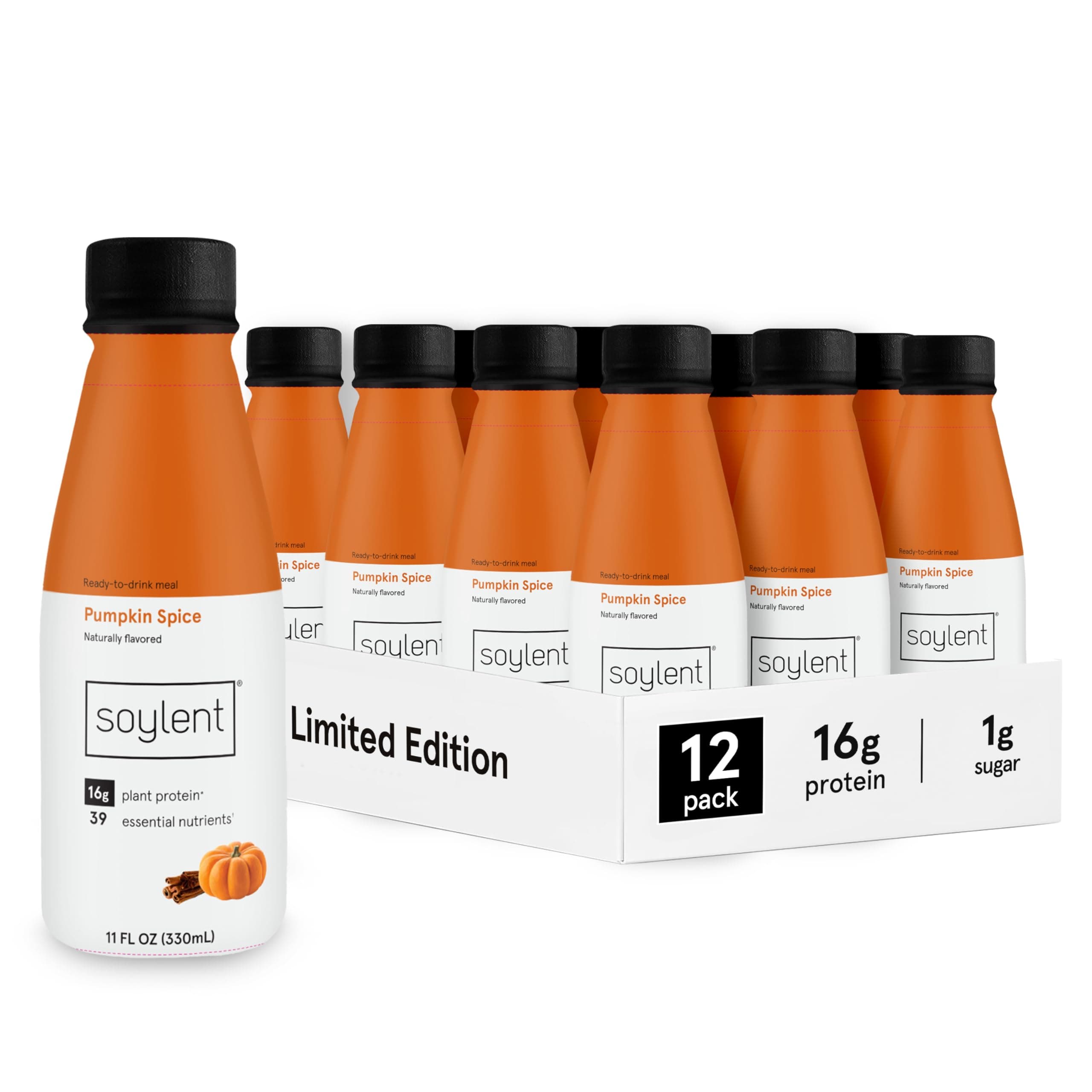 Soylent Complete Meal Replacement Shake Pumpkin Spice 16 g Complete Protein Ready to Drink Plant Based Protein Drink 1 g Sugar, 311.8 g (12 Pack)