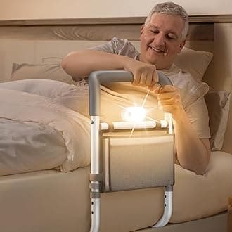 Adjustable Bed Rails for Elderly Adults with Night Light & Bag, Bed Assist Rail with Double Crossbar, Bed Railings Protects Seniors from Falling