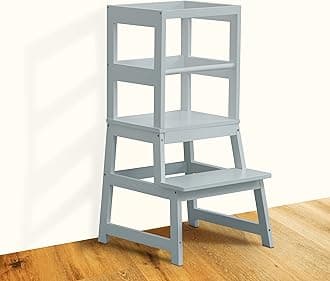 WOOD CITYKitchen Step Stool for Toddlers with Non-Slip Mat, Wooden Kids Montessori Learning Stool Tower, Toddler Standing Tower Helper for Kitchen Counter and Bathroom Sink(Grey-Blue)