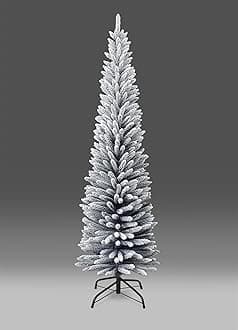 4Ft-8Ft Artificial Slim Christmas Pencil Tree Holiday Home Decorations with Pointed Tips and Metal Stand, Snow Flock, 150 cm