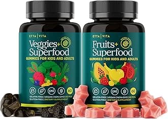 (120 Chews) Fruits and Veggies Supplement - Super Greens Gummies (9 Superfruits & 30 Veggies) Mushrooms, Fruit and Vegetable Vitamins, Non-GMO, Pectin-Based, Gluten-Free, No Capsules