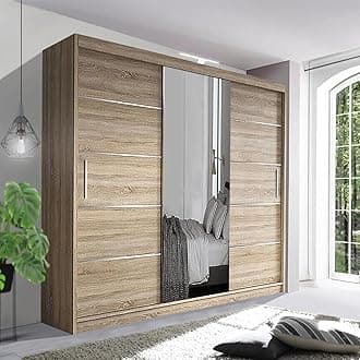 Contemporary Bedroom Sliding Wardrobe with LED Light - Spacious and Stylish Design comes in White/Grey/Black/Oak and Width 120cm/150cm/180cm/203cm/250cm (Oak, 250cm)