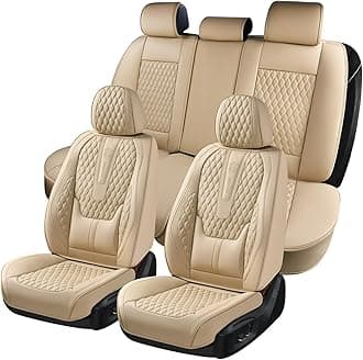 Coverado Car Seat Covers Full Set, Nappa Leather Seat Covers for Car, Waterproof Car Seat Protector with Lumbar Support, Automotive Seat Covers Universal Fit for Most Cars SUV Trucks (Beige)