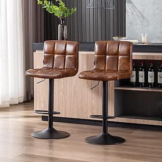 DUHOME Faux Leather Bar Stools Set of 2, Armless Kitchen Stool Chairs with Backrest Footrest Swivel Bar Chairs Adjustable Height for Kitchen Counter Bar Cafe Yellowish Brown