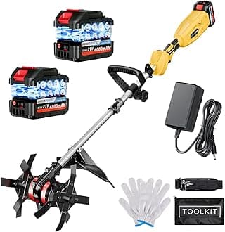 Cordless Tiller Cultivator, 21V 450RPM Electric Tiller with Battery Level Display, 2 * 4.0Ah Batteries & Charger, Tiller for Gardening, Lawn, Soil (Cultivation Width 10"/ Depth 9")