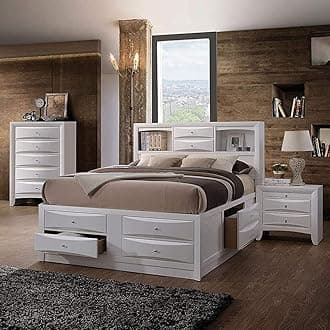 HABITRIO Queen Bed with Storage, Solid Wood Queen Size Bed Frame with Headboard (2 Bookcase, 2 Drawers), Footboard (4 Drawers), Rail with 2 Drawers, Wooden Slat, No Box Spring Needed, White