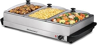 EWM-6171 Triple 3 x 2.5 Qt. Trays, Buffet Server, Food Warmer Temperature Control, Clear Slotted Lids, Perfect for Parties, Entertaining & Holidays, 7.5 Qt Total, Stainless Steel