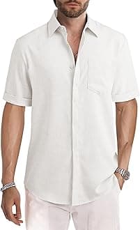JMIERR Men's Linen Hawaiian Shirts Casual Button Down Short Sleeves Cotton Summer Beach Shirts Tropical Resort Soft Clothing, XL, White