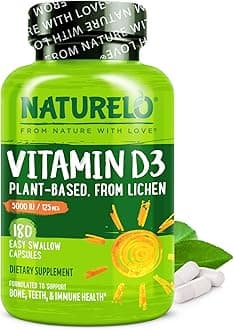 NATURELO Vitamin D - 5000 IU - Plant Based from Lichen - Natural D3 Supplement for Immune System, Bone Support, Joint Health - High Potency - Vegan - Non-GMO - Gluten Free - 180 Capsules