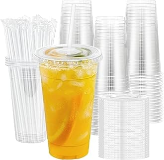 Lamosi 100 Pack 24 oz Clear Plastic Cups with Lids and Straws, Disposable Plastic Coffee Cups with Lids for Iced Coffee, Cold Beverages, Smoothies and To-Go Drinks