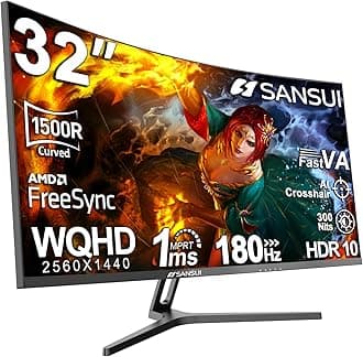 SANSUI 32-Inch Curved Gaming Monitor WQHD 2560 x 1440 180Hz Curved 1500R -Fast VA,1ms(OD), HDR, 300nits, sRGB 125%, DCI-P3 95%, FreeSync, HDMI x2, DP1.4x2(DP Cable Included)