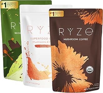 RYZE SUPERFOODS Ultimate Energy Bundle, USDA Organic Mushroom Coffee & Mushroom Matcha + Probiotic Creamer with 6 Adaptogenic Mushrooms for Better Energy, Focus, Digestion, Immunity, 30 serving each