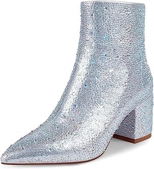 wetkiss Rhinestone/PU Low Chunky Pointed Toe Knee High Boots for Women with Full Bling Sparkly Crystals Booties for Wedding Party Date Dress