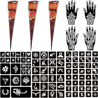 Moricher Temporary Tattoo Kits 3 Henna tattoo cones 101 Stencils Semi Permanent Tattoo Markers Jagua Gel for Women Men Kids DIY Art Painting Party Gifts