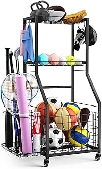 Sports Equipment Garage Organizer,Garage Ball Storage Rack for Sports with Wheels-Upgraded 3 Layers Garage Sports Organizer Rack Outdoor Basketball Racks for Balls with Holder and Hooks