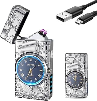 Electric Lighter with Clock YOZWOO USB Rechargeable Lighter with LED Light, Plasma Dual Arc Lighters with LED Power Display for Candle, Cool Lighters Gifts for Men and Women (Silver-Boat)