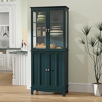 ARTPOWER 72" Freestanding Kitchen Pantry Storage Sideboard, Classical Tall Cabinet with Glass Door and Adjustable Shelves for Kitchen, Livingroom and Dining Room, Dark Teal