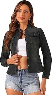 Allegra K Casual Denim Jacket for Women's Classic Stand Collar Long Sleeve Jean Jacket