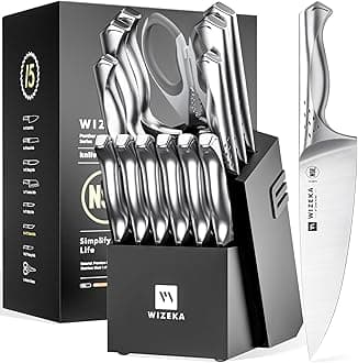 WIZEKA Kitchen Knife Set with Block: Razor Sharp 15 Pcs Professional Chef Knife Set with Knife Sharpener, Food Grade German Stainless Steel Knife Block Set, Jaguar Series
