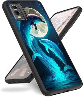 Case for Nokia C32 Phone Case 6.5",Slim Anti-Scratch Shockproof Durable Black Silicone Protective Cover Case for Nokia C32 2023,Cute Dolphins and Moon