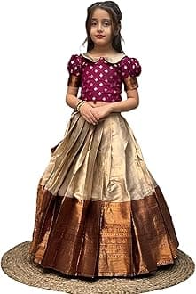 "Girls' Silk Blend Lehenga Choli Set – Traditional Ethnic Wear with Puff Sleeve Blouse and Rich Zari Border Skirt – Festive & Wedding Outfit"