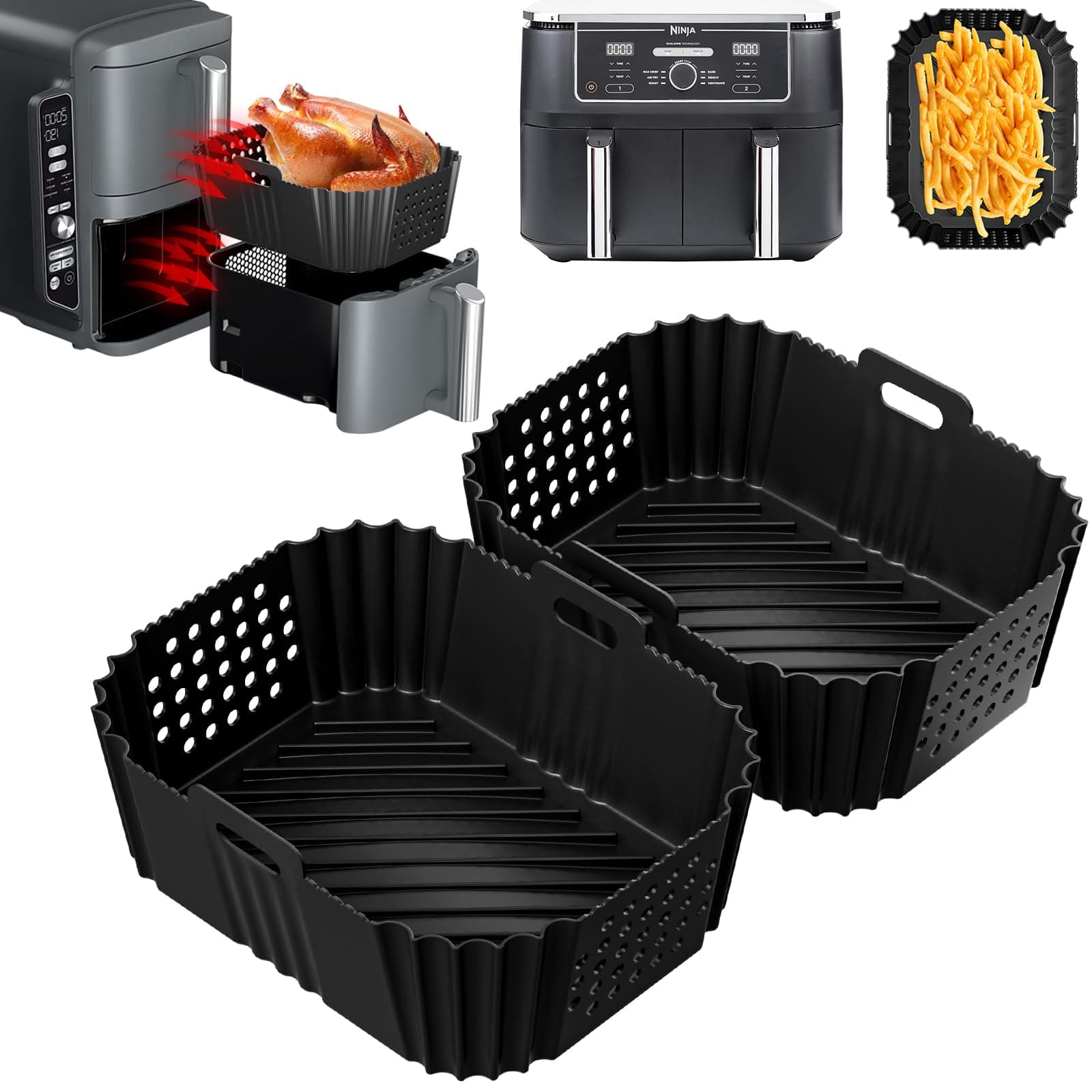 2Pcs Silicone Air Fryer Liners for Ninja Double Stack XL 9.5L Air Fryer SL400UK, Air Fryer Accessories for Foodi Max Dual Zone AF400EU / AF300EU 7.5L, Airfryer Trays for Tower Dual Baskets