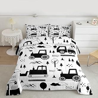 Feelyou Construction Bedding Set Twin Size Equipment Trucks Comforter Set for Kids Boys Girls Decor Cartoon Car Excavator Tractor Comforter Black White Duvet Set Bedroom Quilt Set with 1 Pillow Case