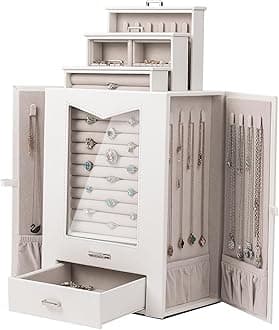 HomdeHomde Jewelry Organizer with Transparent Window Necklace Hooks Gift for Women Jewelry Box Display Case for Necklaces Rings Earrings Bracelets and Other Jewelry Accessories (White)