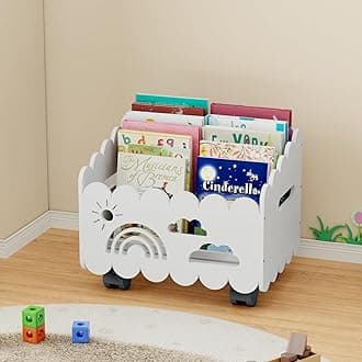 Wood Kids Bookshelf, Montessori Bookshelf, With 2 Adjustable Dividers, 4 Wheels Suitable Kids Rooms, Nursery & Classroom, Book Shelf For Kids Rooms, Toddler Book Rack, Nursery Book Shelves White