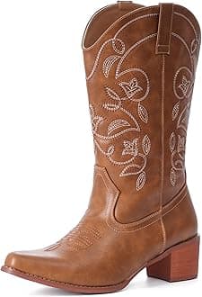 IXU Cowboy Boots For Women Wide Calf Pointy Toe Cowgirl Boots Mid Calf Western Boots