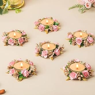 Metal Flower Tea Light Holder Stand Set of 6 Pcs with Wax Candle for Diwali,Rangoli,Handmade Tlight for Deepawali Decoration,Diya for Home Decor|Designer Holders,Multicolour